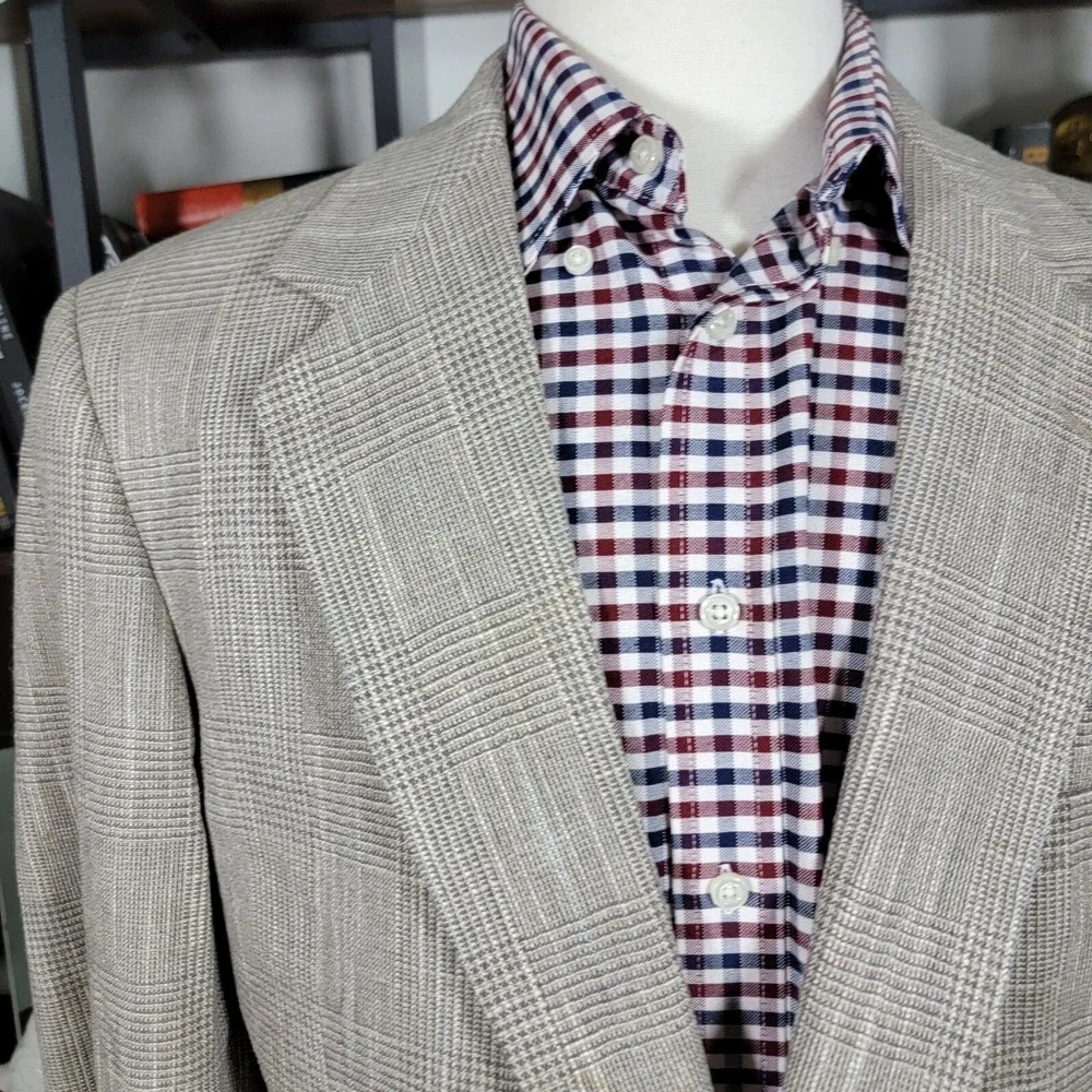 VTG Haggar Imperial Men's Sport Coat Blazer Two Button Gray‎ Beige Plaid 44L